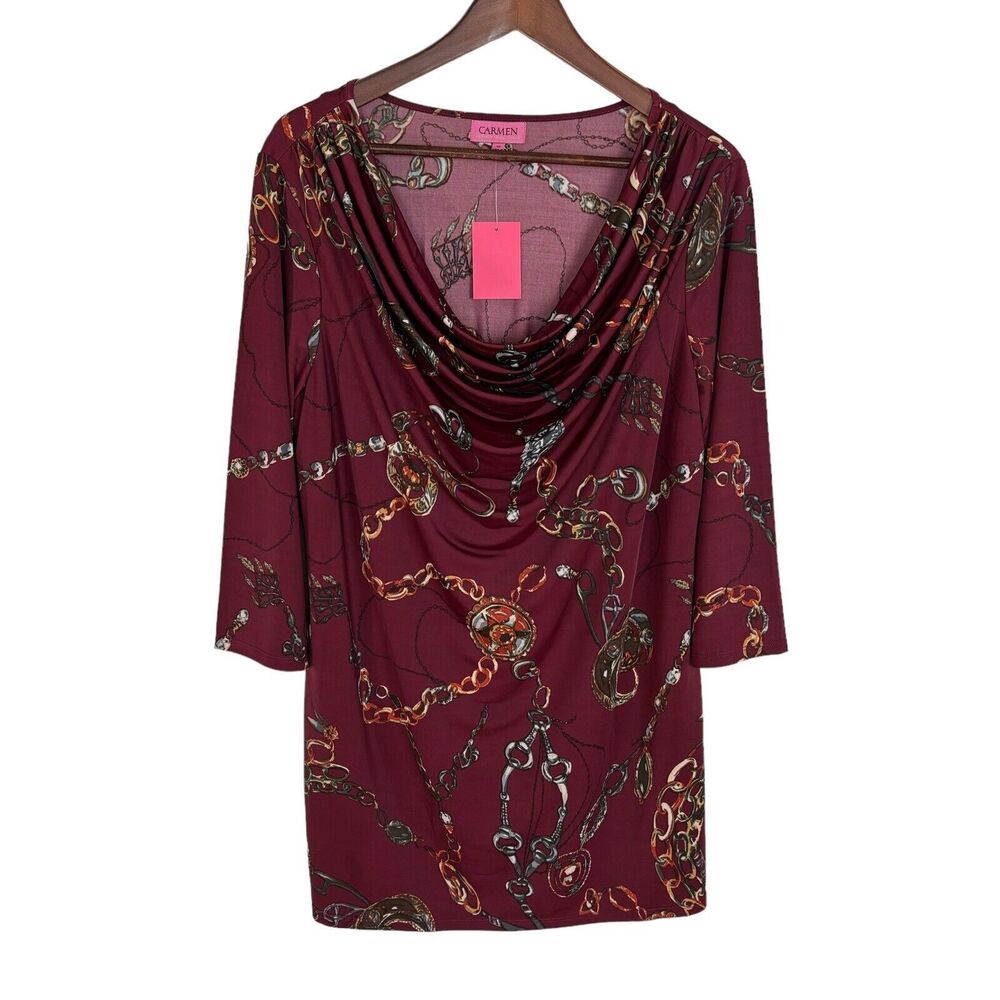 NWT Carmen Marc Valvo Burgundy Red Chain Print Top Silky Shirt Women's 1X